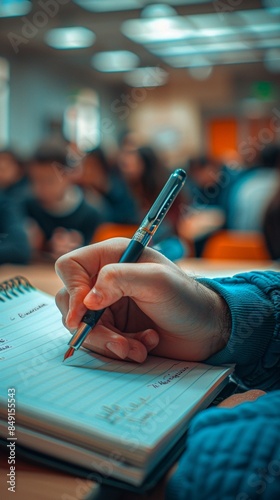 Closeup of a students hand holding a pen, writing in a notebook, with blurred classmates in the background 8K , high-resolution, ultra HD,up32K HD