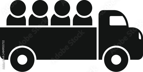 Simple black and white icon of a group of refugees migrating in a truck