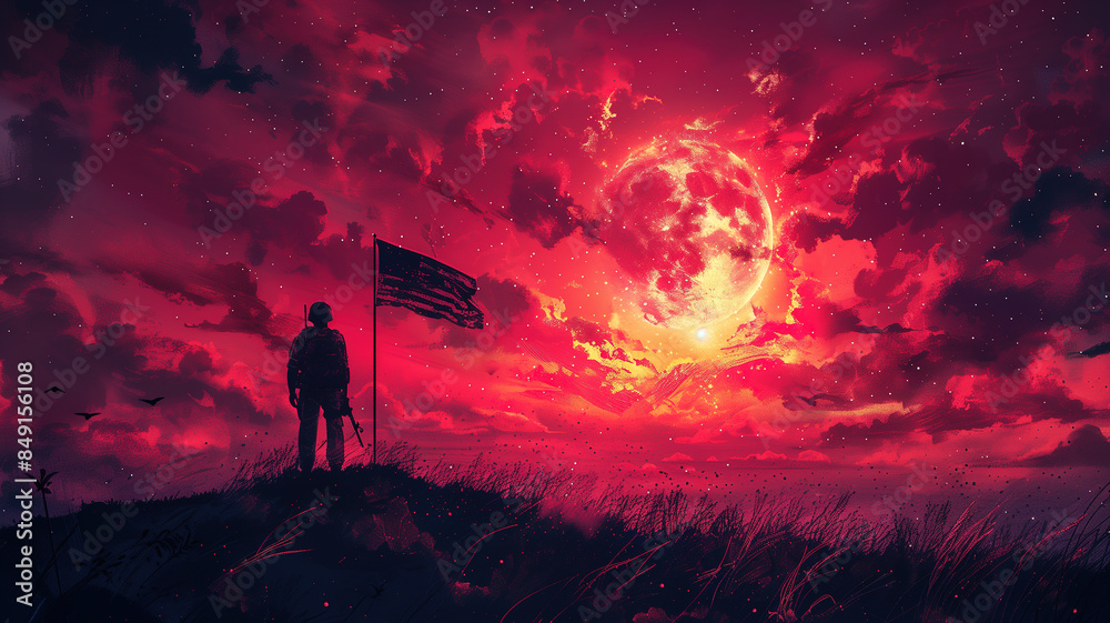Fototapeta premium Soldier with American Flag at Sunset in Dramatic Red Sky