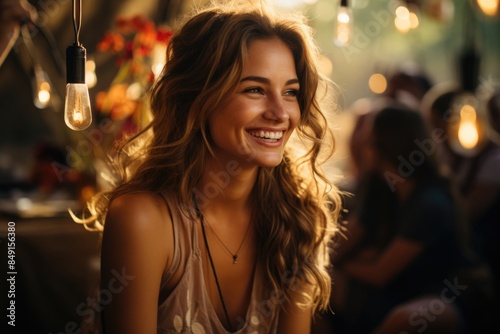 Modern charming and beautiful woman laughing, enjoying the family gathering, picni, generative IA photo