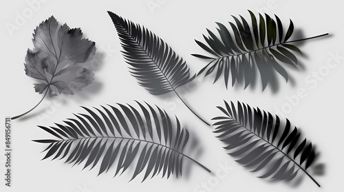 Realistic transparent shadow from a leaf of a palm tree on the white background. Tropical leaves shadow. Mockup with palm leaves shadow.