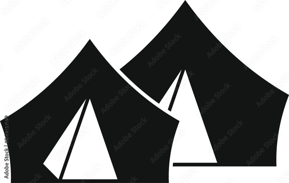 Simple black and white icon of two camping tents, perfect for representing outdoor activities and adventures Simple black and white icon of two camping tents, perfect for representing outdoor activities and adventures