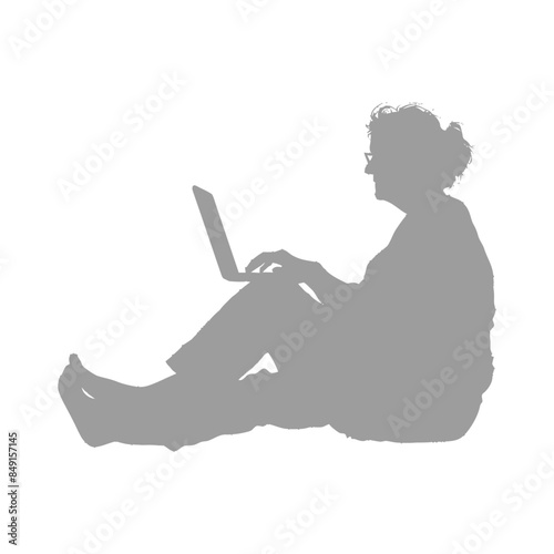 Senior Silhouette: Woman with Laptop, Floor Seated, Isolated.