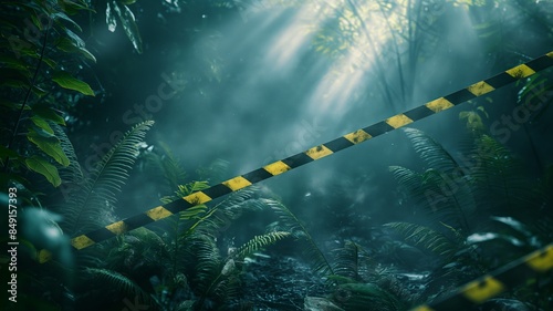 Caution Tape in a Foggy Jungle