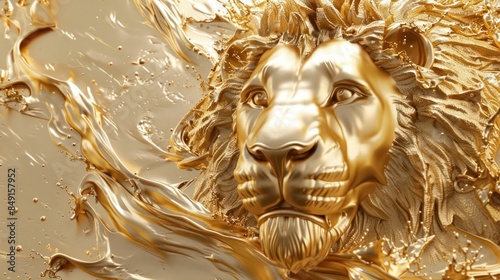 lion 3D relief in golden wallpaper