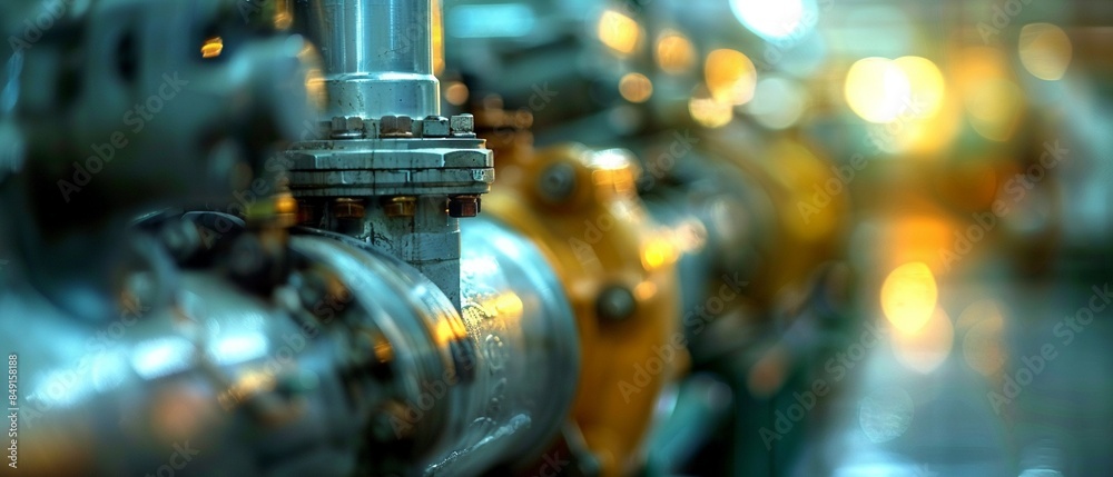 Industrial engine with prominent yellow and metallic components, captured in a closeup view highlighting mechanical details Industrial engine with prominent yellow and metallic components, captured in a closeup view highlighting mechanical details