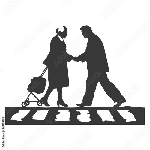 Elderly Silhouette Couple Hand-in-Hand, Zebra Crossing, Travel Cart.