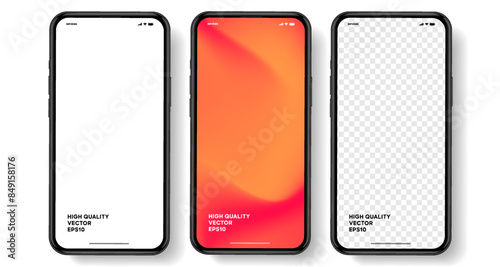 Realistic smartphone mockup. Mobile phone vector with isolated on white background. Device front view. 3D mobile phone with shadow. Realistic, high quality smart phone mockup for ui ux presentation.