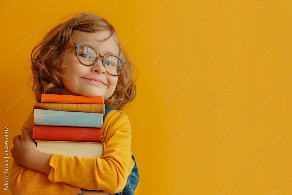 Happy little girl in glasses holding a stack of books in front of a yellow wall Happy little girl in glasses holding a stack of books in front of a yellow wall