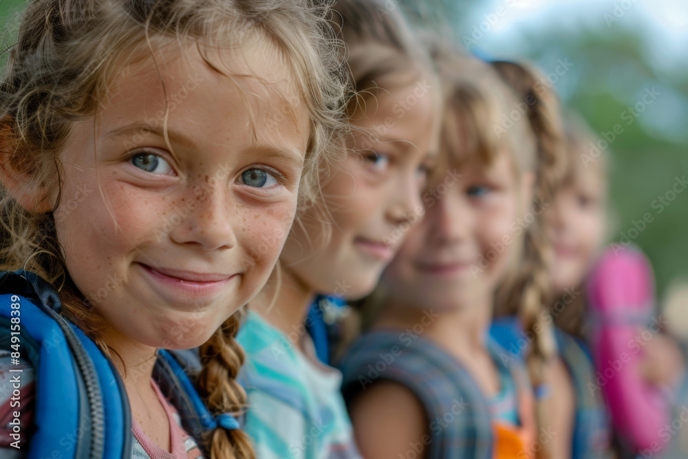 Happy children with backpacks ready for school day Happy children with backpacks ready for school day