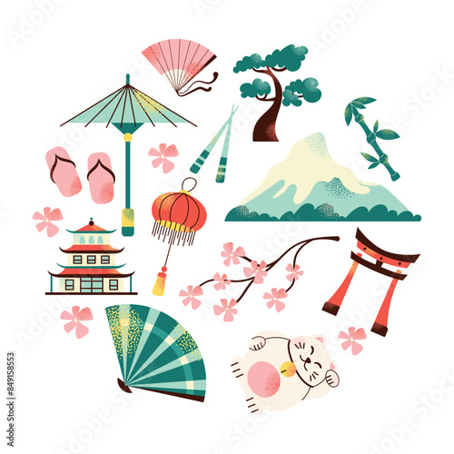 Japanese art and culture set. Set of Japanese travel icons. Symbols of the island. Various sights and famous elements. Pagoda architecture, maneki neko toy. National traditional Japan illustration