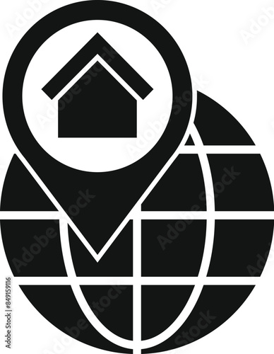 Black icon of a house location pinpointing on a world map, representing global real estate