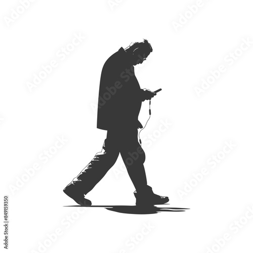 silhouette elderly man walking while playing on smartphone  black color only