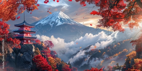 an image with a mountain and red autumn trees of japan photo