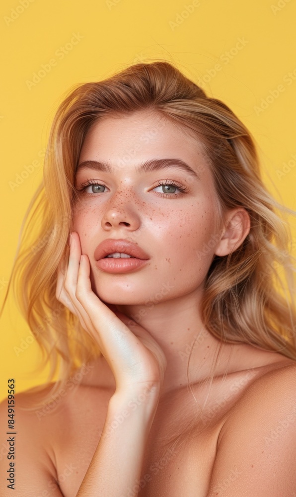 A young woman with freckles poses against a yellow background A young woman with freckles poses against a yellow background