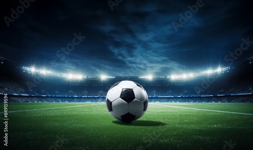 soccer ball is on the field of a stadium illuminated by lights during the night