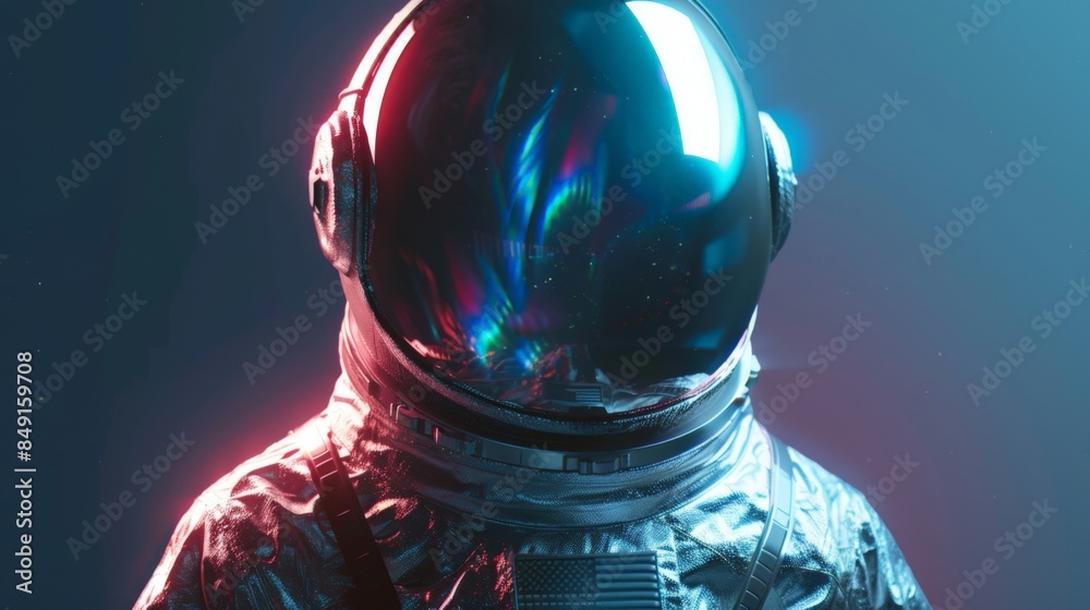 An astronaut with a reflective visor is illuminated by cosmic lights An astronaut with a reflective visor is illuminated by cosmic lights