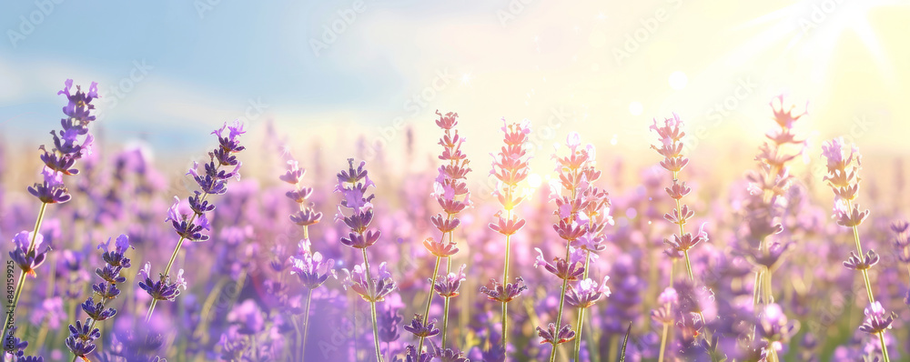 Naklejka premium Cheerful spring background with a field of lavender, bright sunshine, and clear skies.