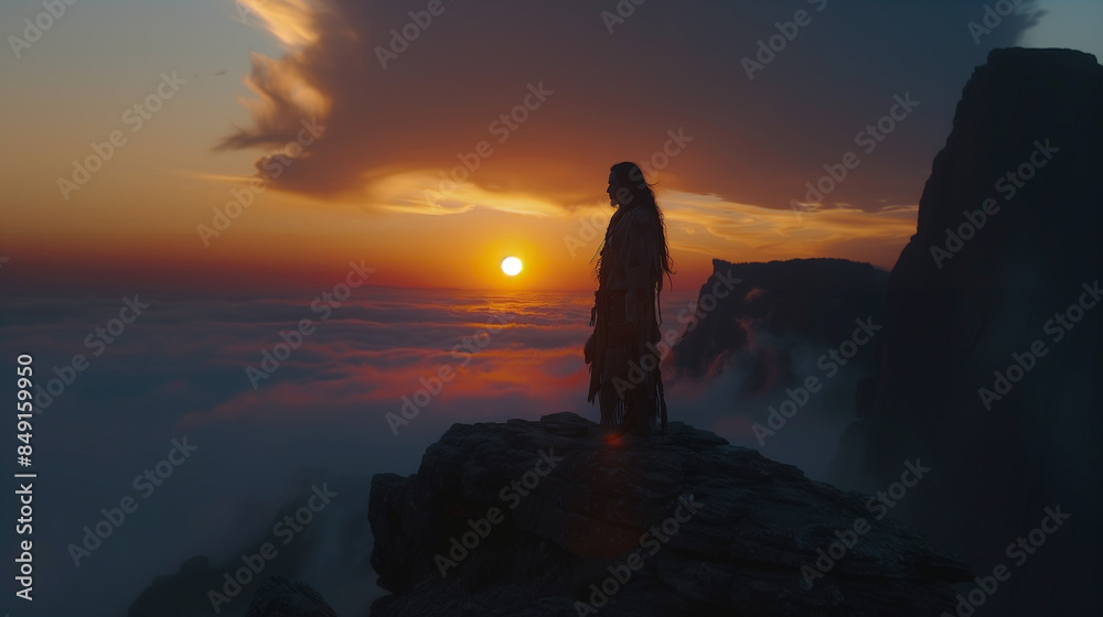 Shamanic figure silhouetted against a sunset on a cliff.
