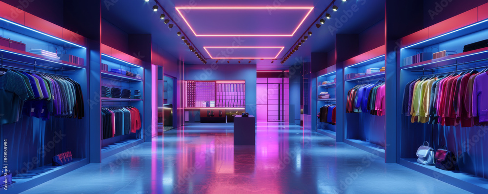 Chic shop background with sleek metal shelves, neon lights, and bold color accents. Chic shop background with sleek metal shelves, neon lights, and bold color accents.