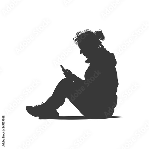Silhouette of woman seated, absorbed in phone on white.