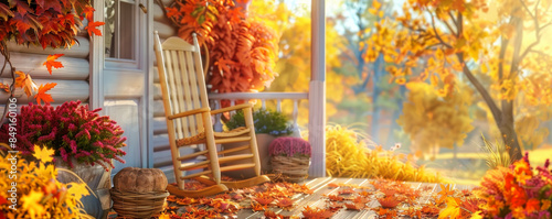 Cozy autumn background with a front porch, a rocking chair, and colorful leaves. photo