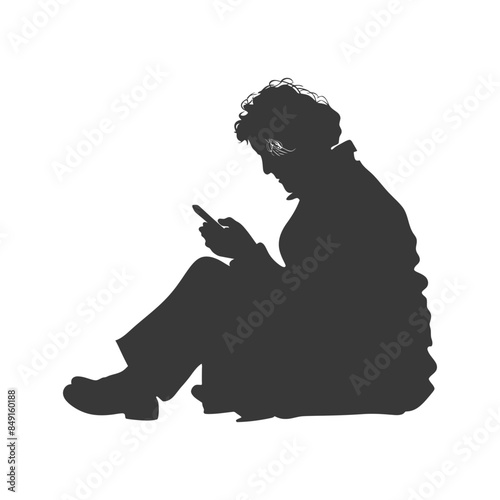 Seated silhouette: Woman absorbed in smartphone, isolated on white.