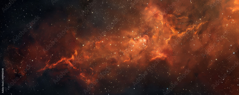 Dark space background with black voids, dense star clusters, and glowing red and orange nebulae.