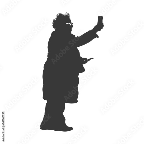 Silhouette of older woman taking selfie with phone, isolated.