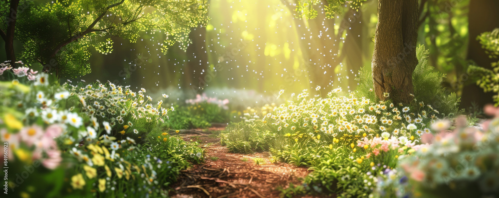 Fototapeta premium Enchanting spring background with a forest path, blooming flowers, and dappled sunlight.