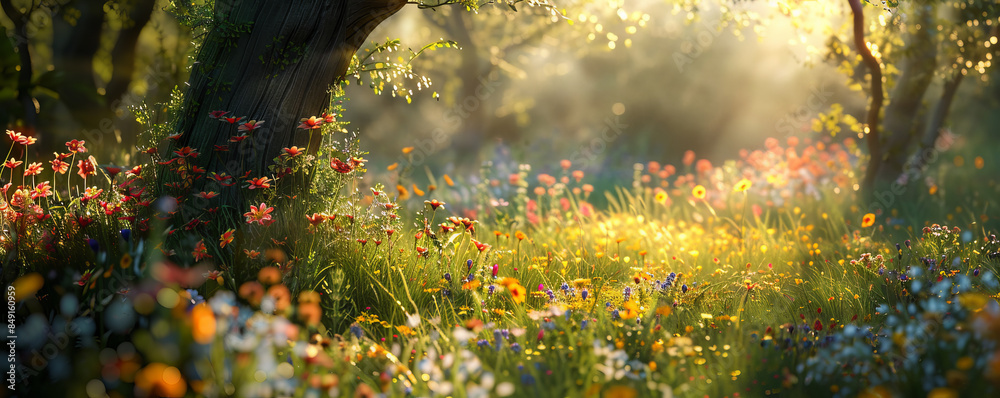Obraz premium Enchanting spring background with a hidden meadow, colorful wildflowers, and dappled sunlight.