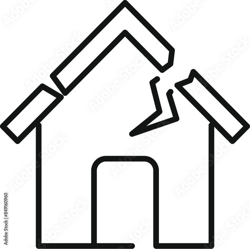 Line drawing of a house with a broken roof, symbolizing damage and destruction