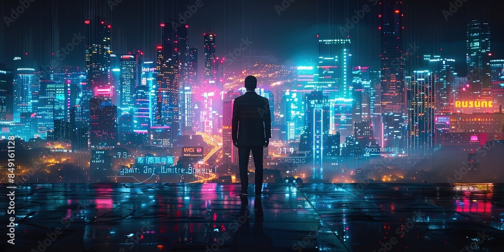 A businessman walks against the backdrop of the city of the future and futuristic nighttime interface graphics A businessman walks against the backdrop of the city of the future and futuristic nighttime interface graphics