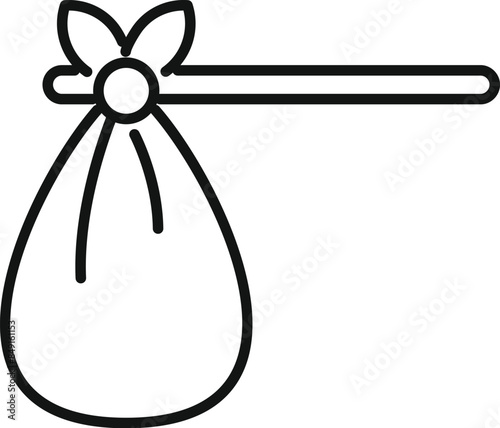 Simple black and white line drawing of a bindlestick holding a stuff sack with a tied ribbon on top