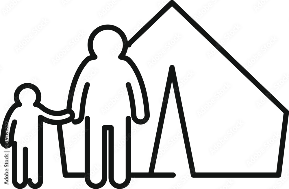 Line drawing of a father and son standing near a tent, representing a family camping trip Line drawing of a father and son standing near a tent, representing a family camping trip