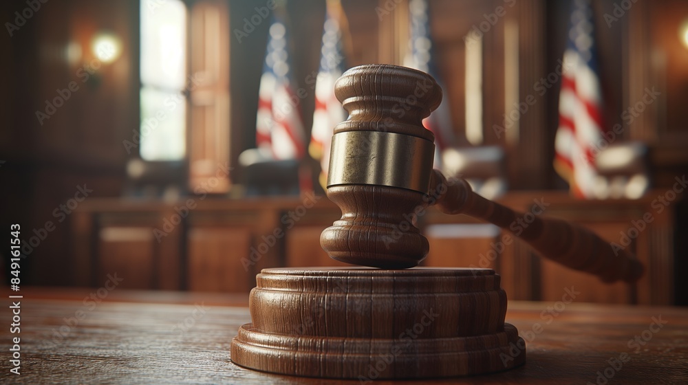 Gavel and Sound Block in Courtroom Setting Gavel and Sound Block in Courtroom Setting