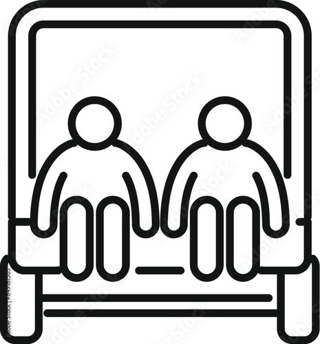 Line drawing of two passengers sitting in the open bed of a pickup truck