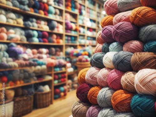 Colorful yarn balls in a knitting shop. Blurred background and bokeh