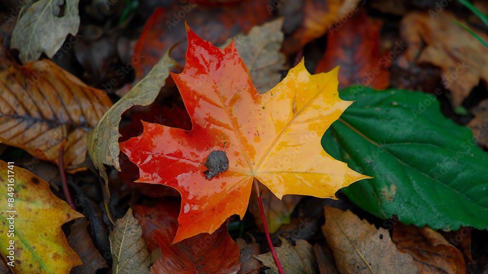 Autumn leaf in yellow red green tones. Landscapes photograph. Autumn leaf in yellow red green tones. Landscapes photograph.