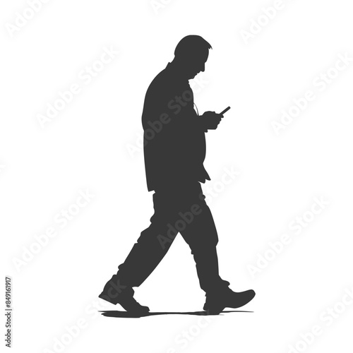 Silhouette of a man walking, absorbed in smartphone, isolated on white.