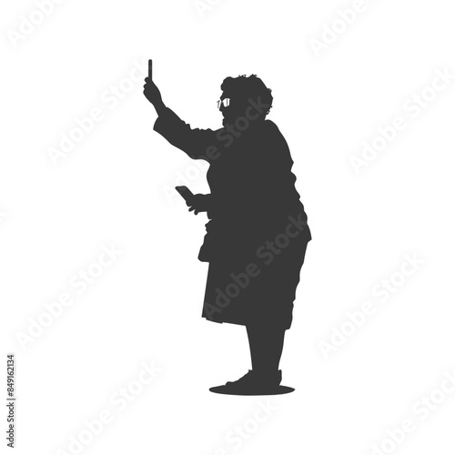 Silhouette of Elderly Woman Taking Selfie with Phone, White Background.