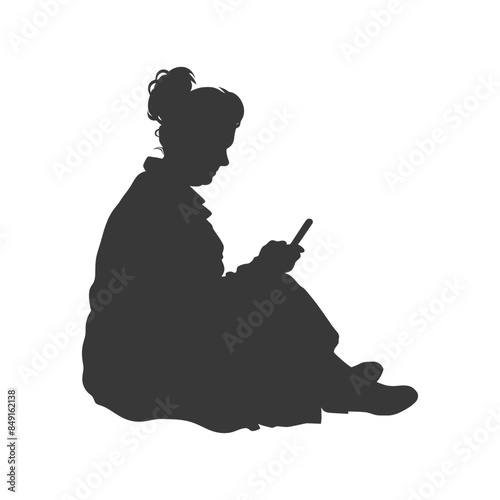 Seated silhouette of woman absorbed in smartphone, hair in bun, isolated.