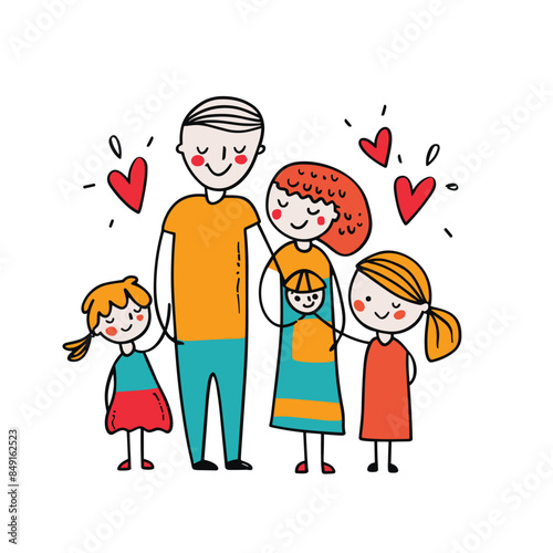 Happy family smiling together, four members including father, mother, two little daughters, colorful clothing, hearts floating, love, joyful cartoon characters. Cartoon family standing close