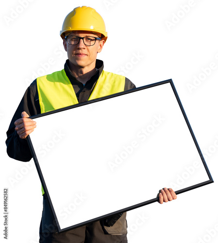 Worker in helmet with blank white board. Empty space, you can add your text here. photo