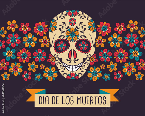 Dia de Los Muertos poster with decorated skull and flowers on a dark background. Mexican Day of the Dead. Banner with traditional Mexican floral elements. Vector