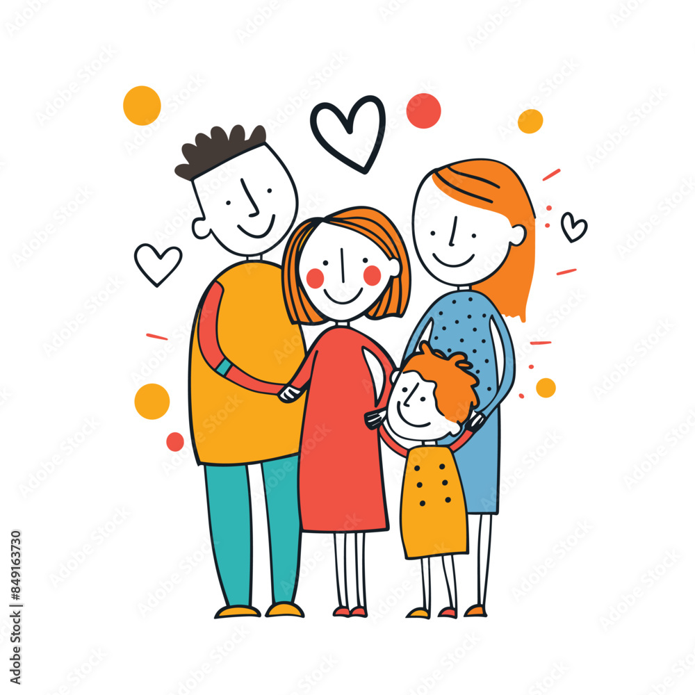 Family portrait happy cartoon illustration. Parents child smiling love happiness. Colorful modern drawing cheerful people Family portrait happy cartoon illustration. Parents child smiling love happiness. Colorful modern drawing cheerful people
