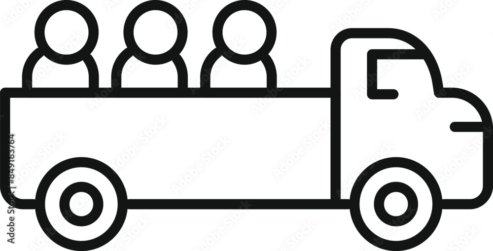 Line icon of a truck carrying refugees leaving their country