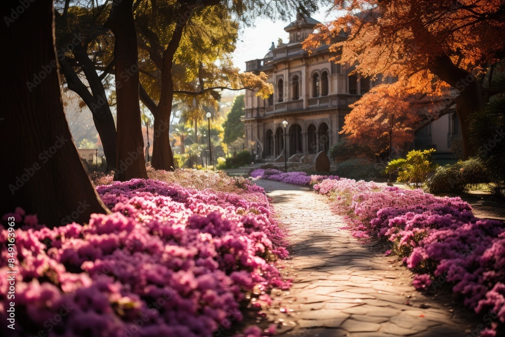 Sereno Urban Park in Santiago, with gardens and monuments., generative IA