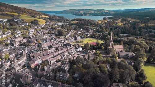 Aerial drone footage of the village of Ambleside in the Cumbrian Lake District