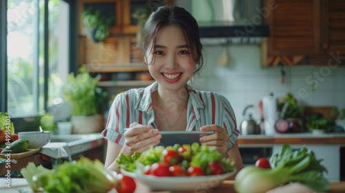 Happy Asian woman, vegetarian, eats healthy salad. and use the tablet on the table Vegetarian young woman, vegetables and fruits
